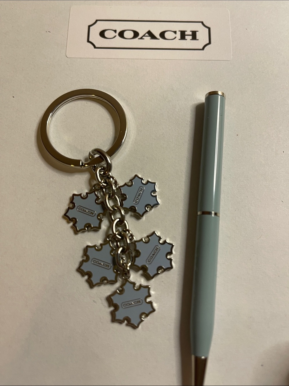 COACH Light Blue Enamel Snowflake Cluster Keychain in Silver and Coach Pen